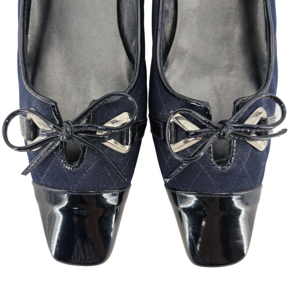 Stuart Weitzman 8.5AAAA Navy Crepe Fabric Black Leather Dress Bow Heels Womens - Picture 13 of 15